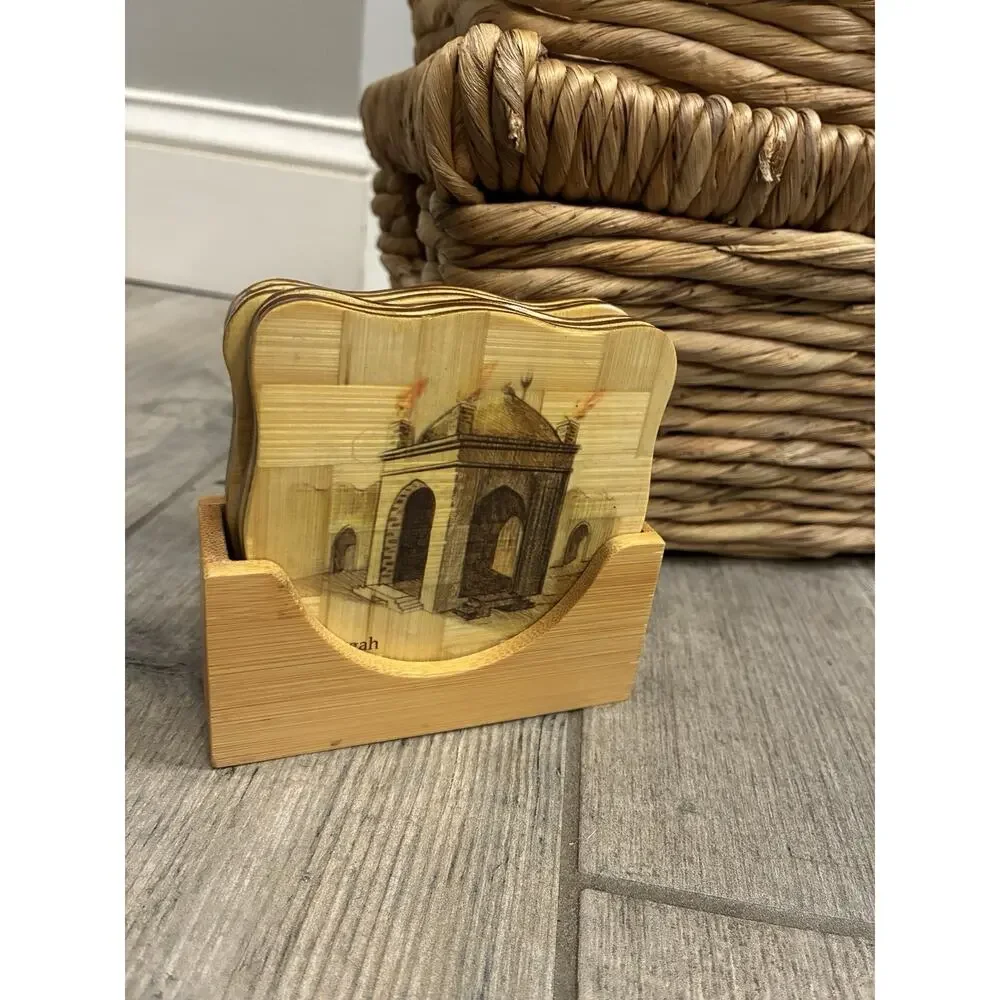 Vintage Azerbaijan Historic Landmarks Bamboo Coaster Set of 6 with Holder Baku